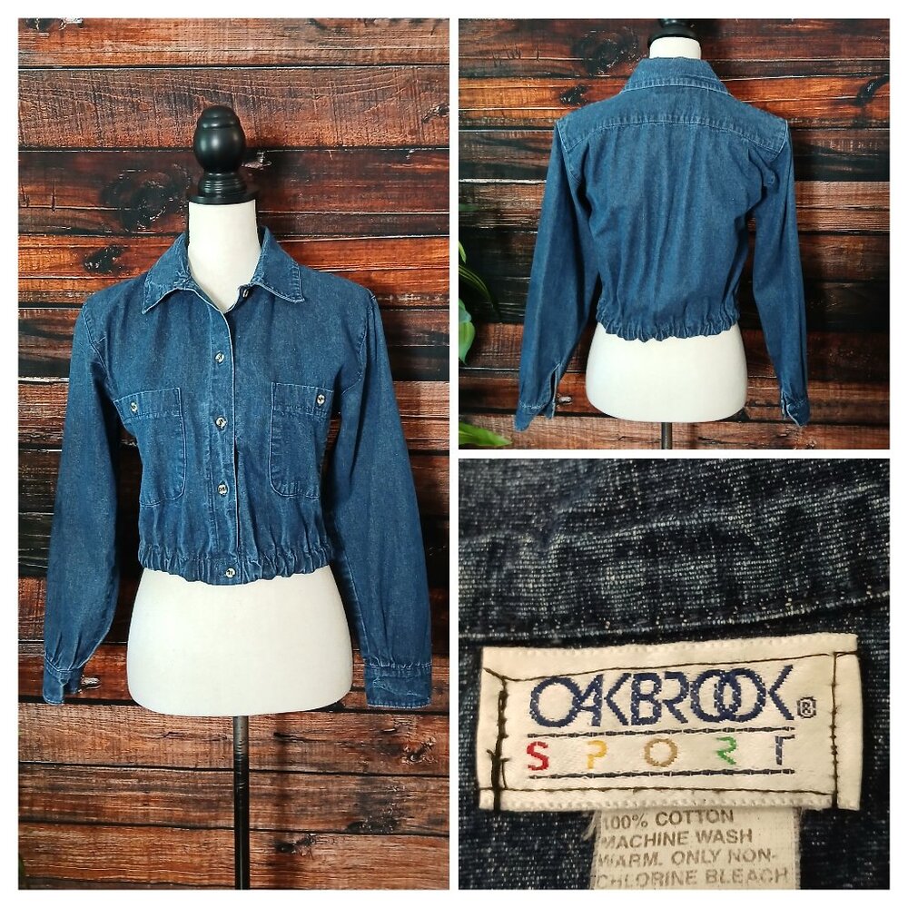 Oakbrook Denim Crop Top Size 8 Vintage 80s Blue Jean Long Sleeve US Made